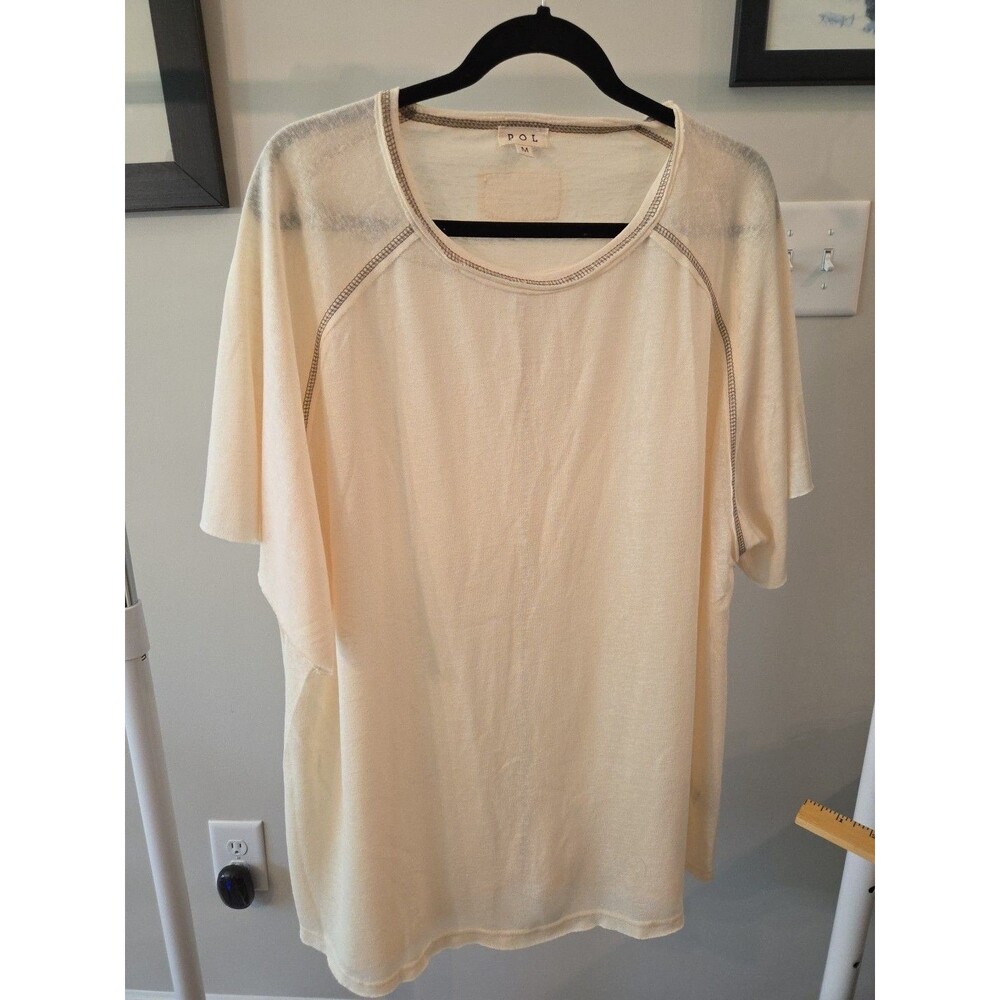 POL Women’s Med Cream Knit Top Raw Edge Seam Short Sleeve Casual Oversized Shirt